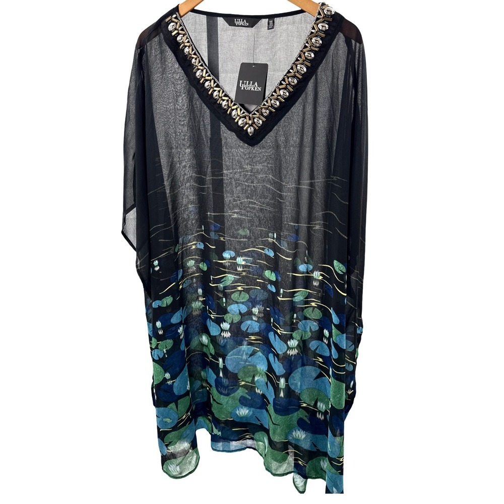 Ulla Popken Kaftan Plus Size 20-26 Black Lily Pad Beaded Sheer Cover Up NWT